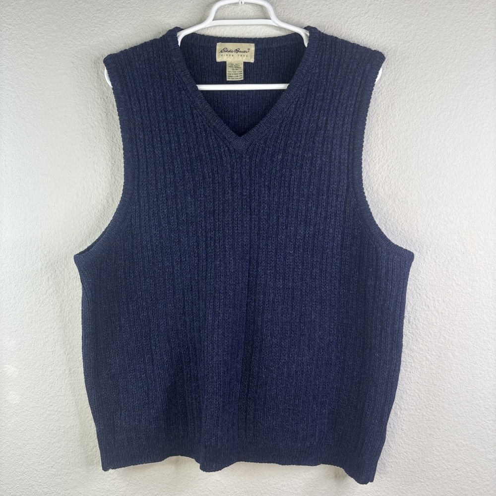 Eddie Bauer Wool Knit Sweater Vest Vtg 90s Mens Size S Blue V Neck B75